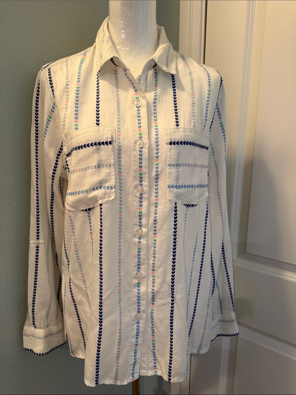 Classic White Button-Down Shirt with Navy Stripe Detail - Long Length 29